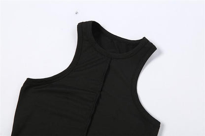 High Neck Sleeveless Center Seam Asymmetric Hem Midi Dress