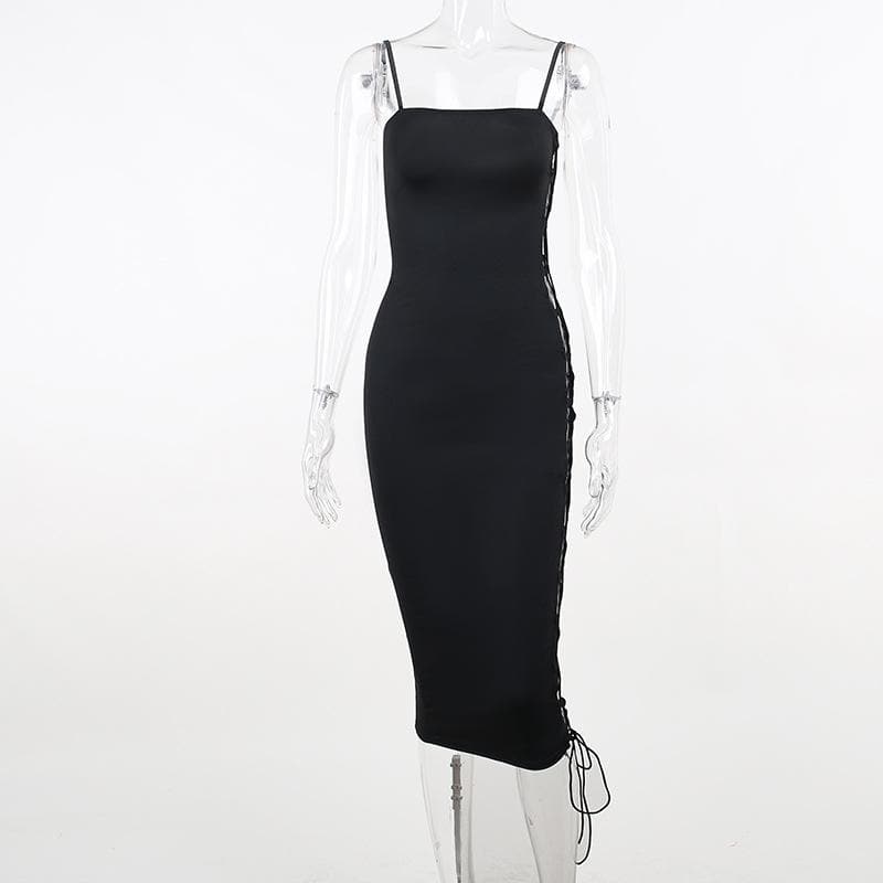 Square Neck Spaghetti Strap Side Lace Up Cutout Bodycon Midi Dress