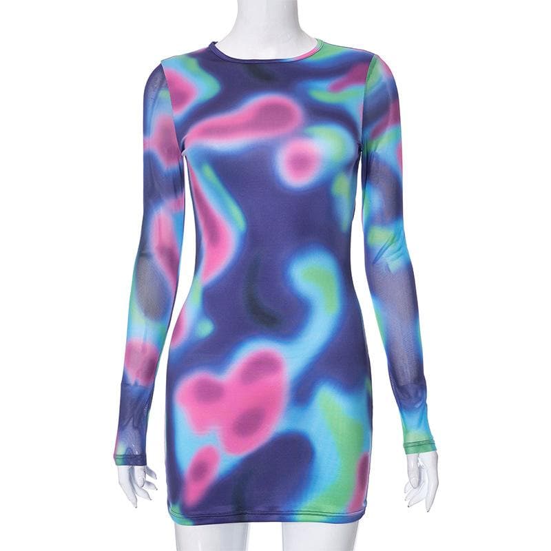 Crew Neck Abstract Aura Print Backless Long Sleeve Mini Dress