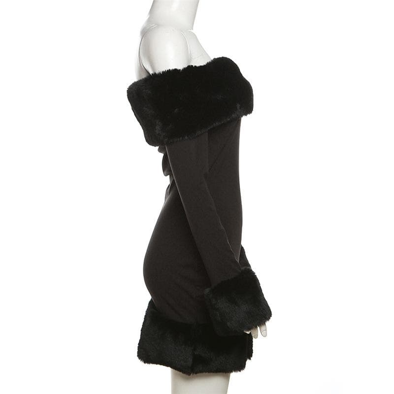 Faux Fur Trim Neckline Cuff Hem Off Shoulder Long Sleeve Bodycon Mini Dress