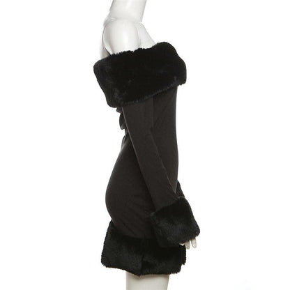 Faux Fur Trim Neckline Cuff Hem Off Shoulder Long Sleeve Bodycon Mini Dress