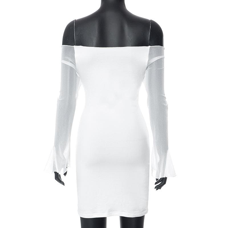 Off Shoulder Tie Front Keyhole Sheer Mesh Bell Sleeve Mini Dress