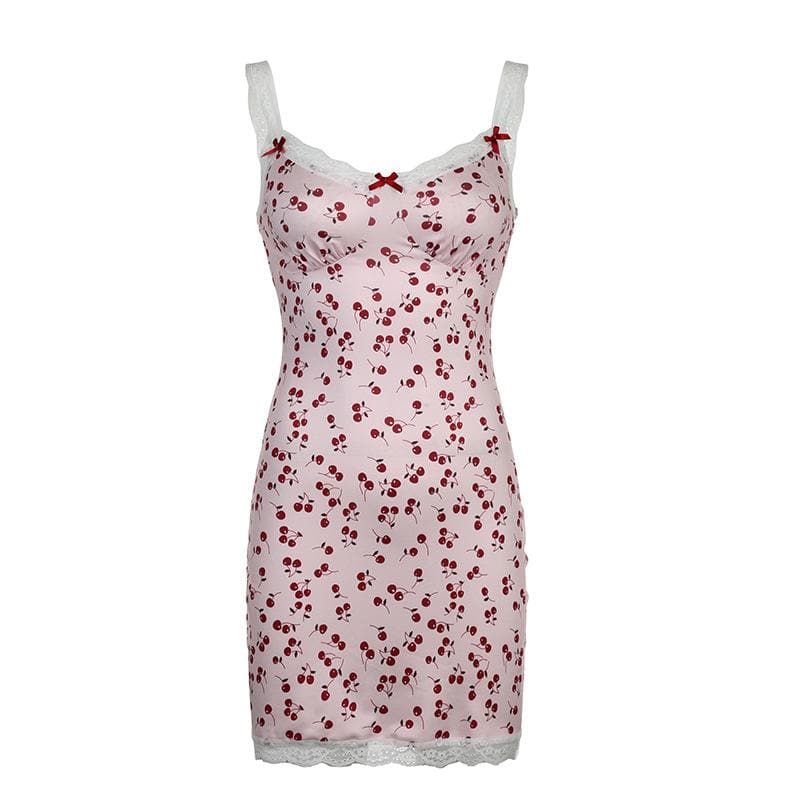 Sweetheart Lace Trim Print Bow Strap Bodycon Mini Dress