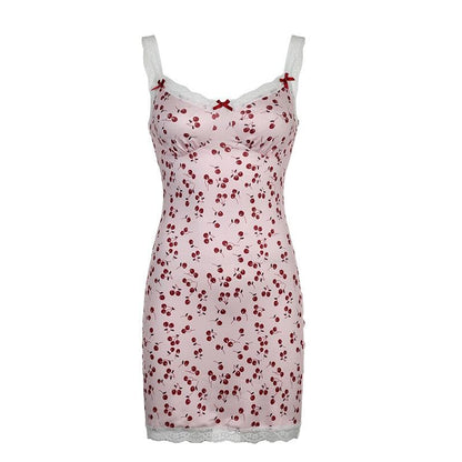 Sweetheart Lace Trim Print Bow Strap Bodycon Mini Dress