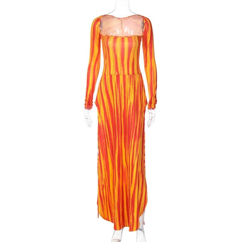 Wavy Stripe Panel Detail Square Neck Long Sleeve Maxi Dress