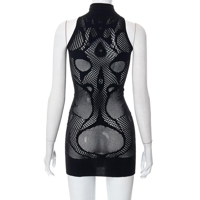Fishnet Pattern High Neck Sleeveless Hollow Out Bodycon Mini Dress