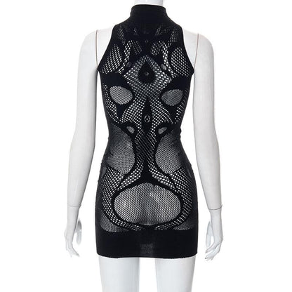 Fishnet Pattern High Neck Sleeveless Hollow Out Bodycon Mini Dress