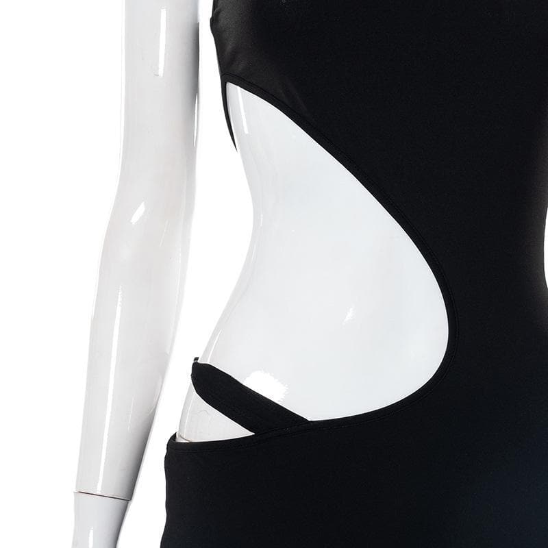 One Shoulder Choker Neck Waist Cutout Asymmetric Hem Mini Dress
