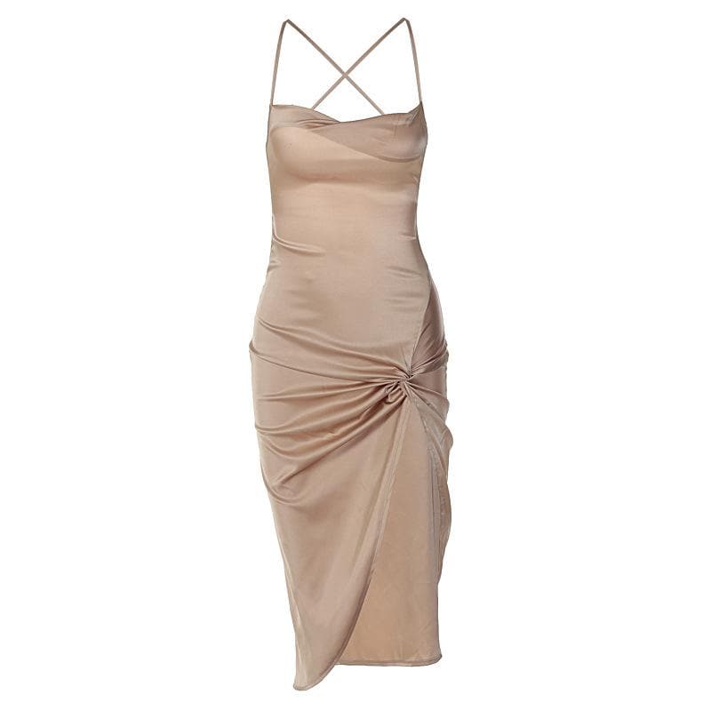 Spaghetti Strap Cross Back Cowl Neck Hip Twist Knot Side Slit Midi Dress