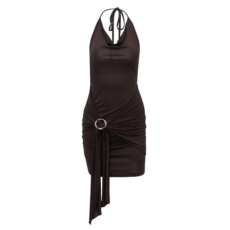 Cowl Neck Halter Ruched Buckle Side Drape Mini Dress