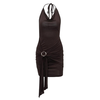 Cowl Neck Halter Ruched Buckle Side Drape Mini Dress