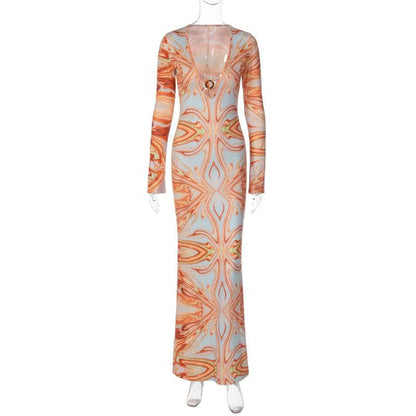 Deep V Ring Hardware Psychedelic Print Long Sleeve Bodycon Maxi Dress