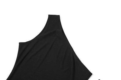 One-Shoulder Asymmetric Hem Sheer Mesh Panel Thumbhole Sleeve Mini Dress