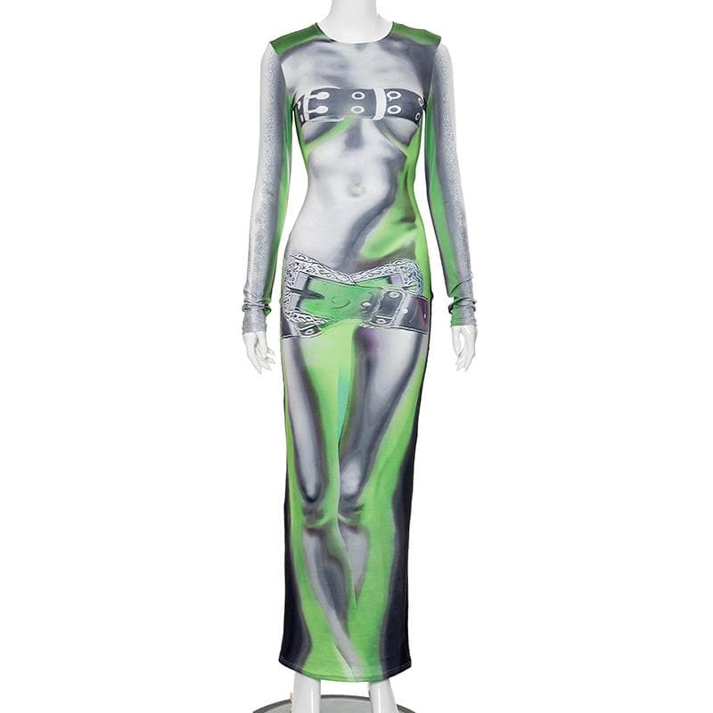 Crew Neck Long Sleeve Body Print Harness Belt Illusion Maxi Dress