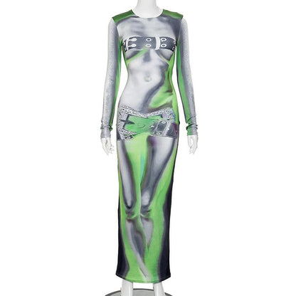 Crew Neck Long Sleeve Body Print Harness Belt Illusion Maxi Dress