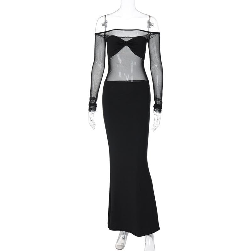 Off Shoulder Mesh Panel Ruched Slit Maxi Dress