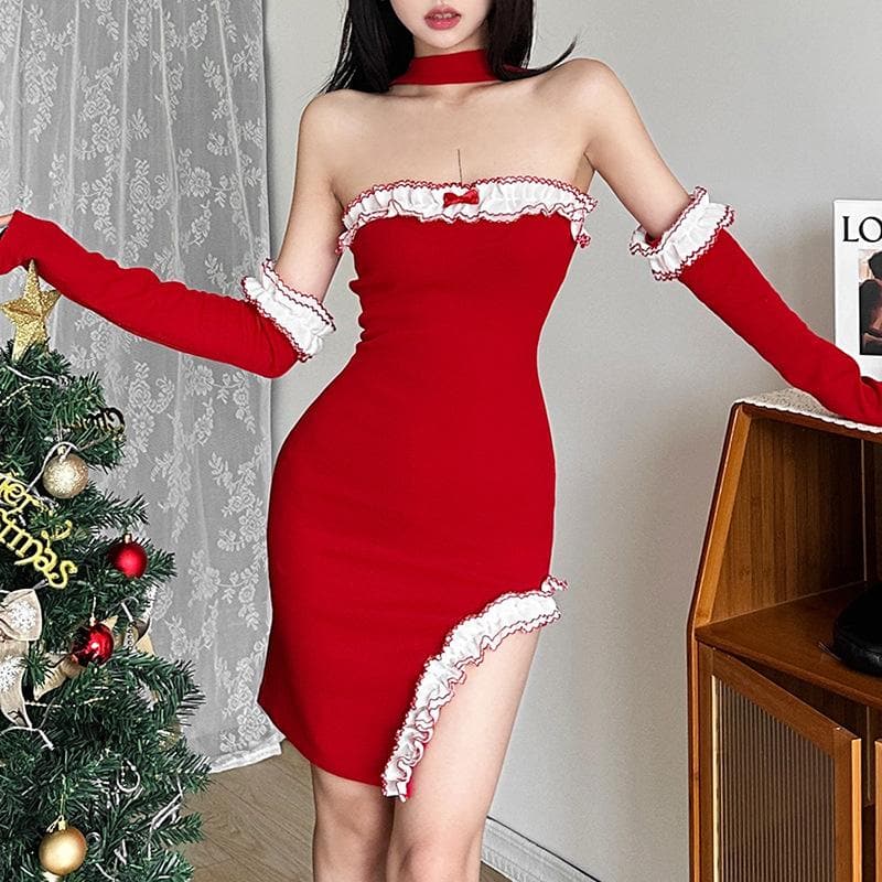 Ruffle Trim Tube Halter Glove Sleeve Irregular Slit Mini Dress