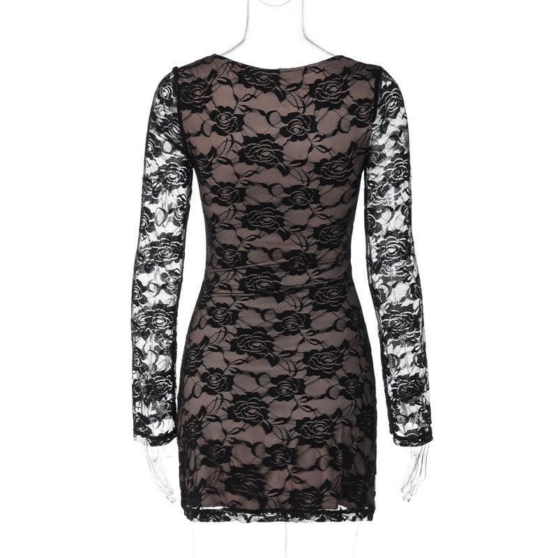 Scoop Neck Floral Lace Overlay Contrast Lining Long Sleeve Bodycon Mini Dress