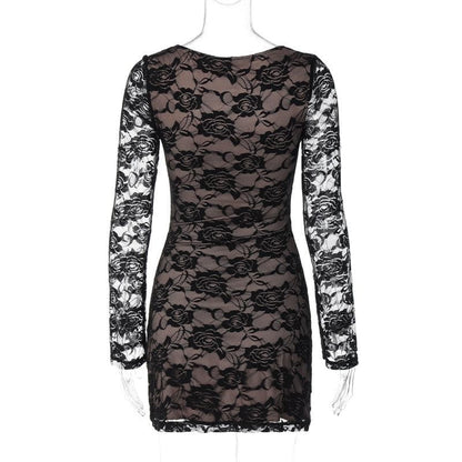 Scoop Neck Floral Lace Overlay Contrast Lining Long Sleeve Bodycon Mini Dress