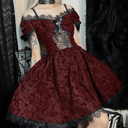 Hollow Out Off Shoulder Short Sleeve Crucifix Applique Bowknot Lace Hem Mini Dress