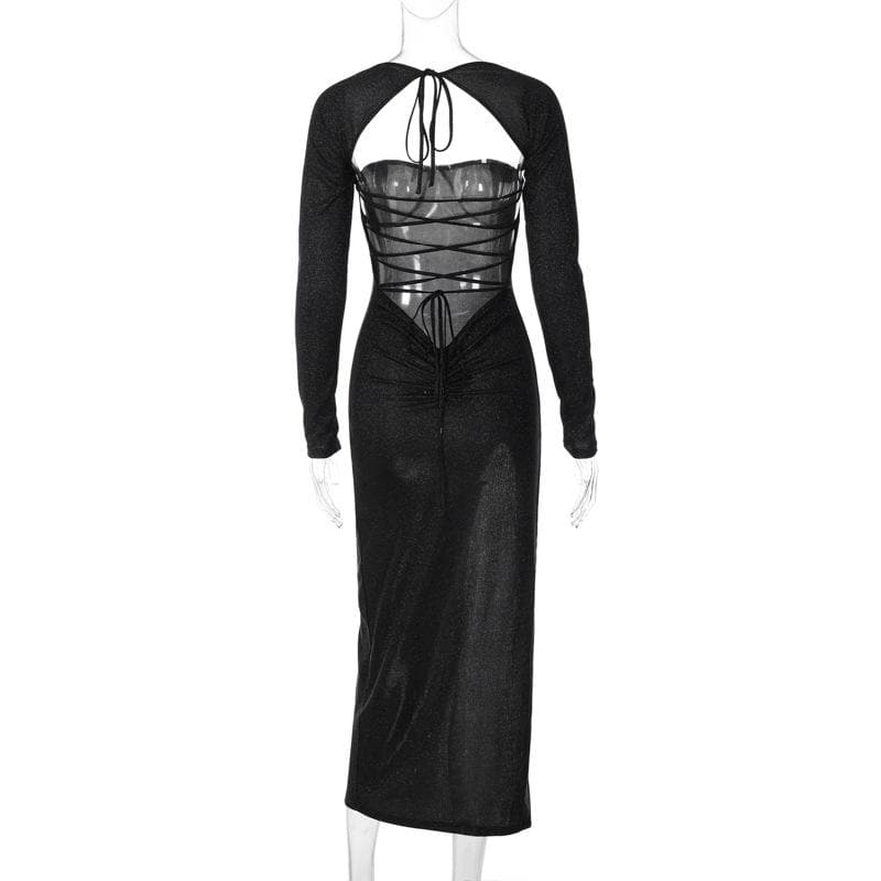 Cutout Neckline Glitter Long Sleeve High Slit Shrug Overlay Maxi Dress