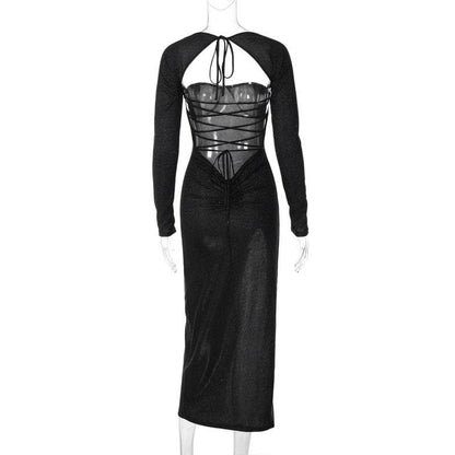 Cutout Neckline Glitter Long Sleeve High Slit Shrug Overlay Maxi Dress
