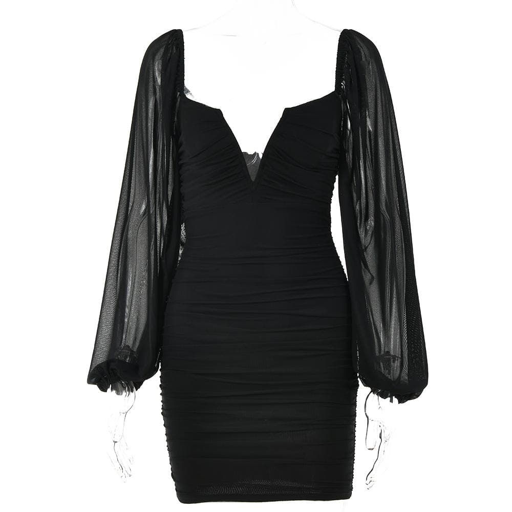 Strapless V-Notch Off Shoulder Puff Sleeve Ruched Mesh Mini Dress