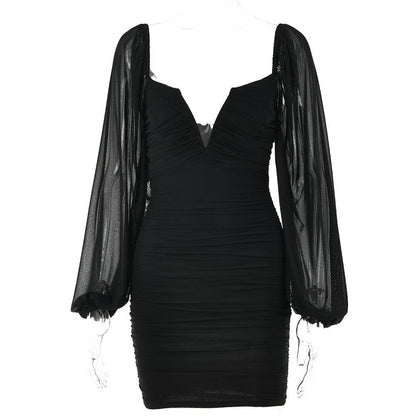 Strapless V-Notch Off Shoulder Puff Sleeve Ruched Mesh Mini Dress