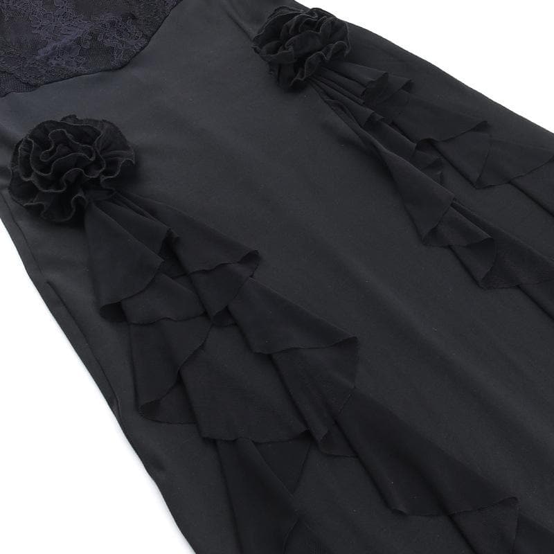 Strapless Corset Lace Floral Hip Ruffle Cascade Maxi Dress