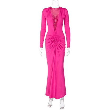 Deep V Long Sleeve Convertible Neckline Ruched Maxi Dress