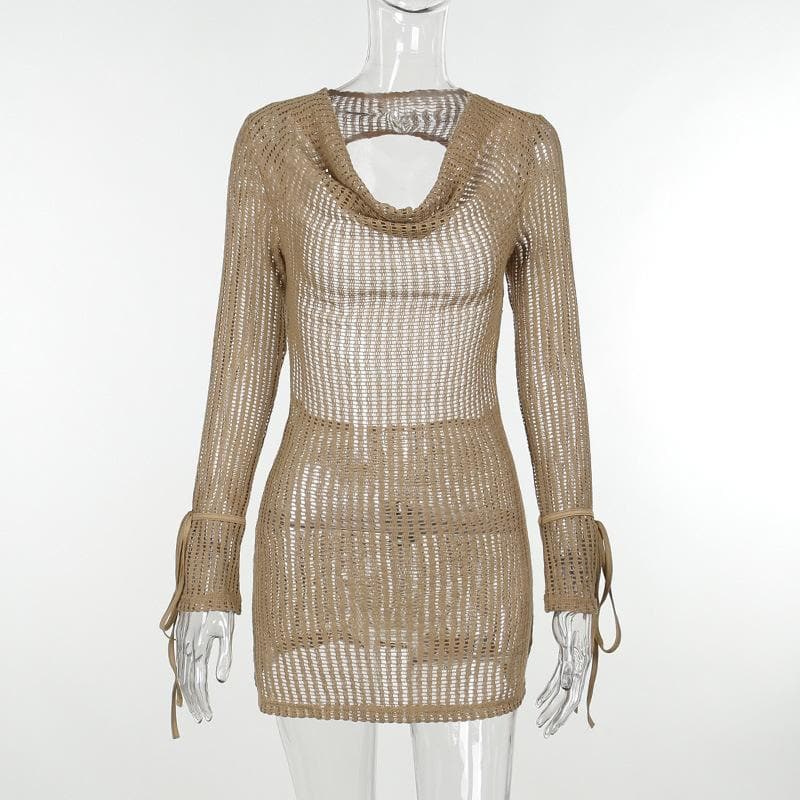 Cowl Neck Open Knit Tie Cuff Long Sleeve Hollow Out Mini Dress