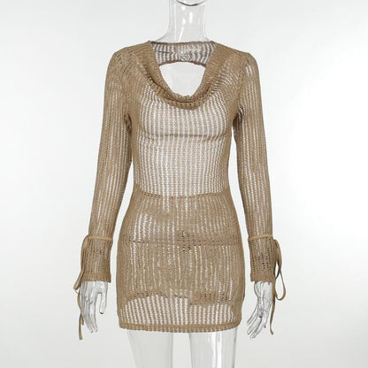 Cowl Neck Open Knit Tie Cuff Long Sleeve Hollow Out Mini Dress