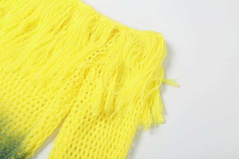 Crochet Off Shoulder Long Sleeve Fringe Trim Maxi Dress