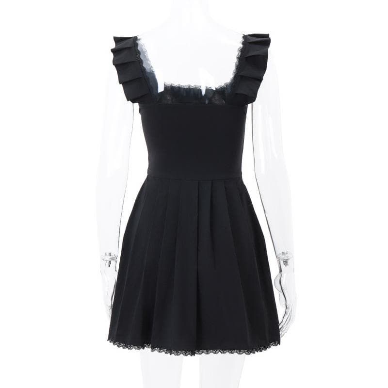 Square Neck Ruffle Strap Pintuck Pleated Lace Hem Fit and Flare Mini Dress
