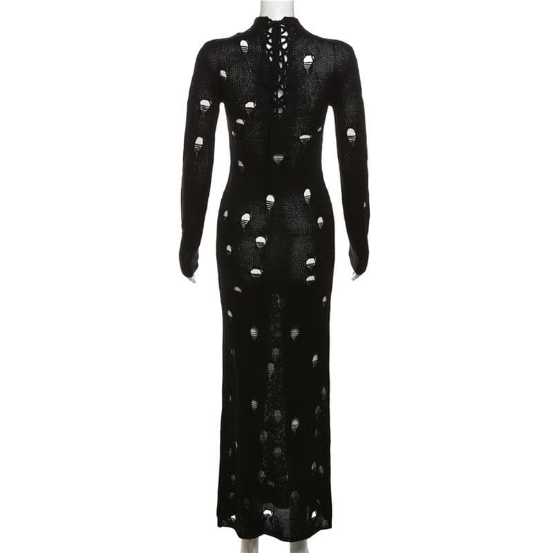Mock Neck Distressed Hole Knit Long Sleeve Bodycon Maxi Dress