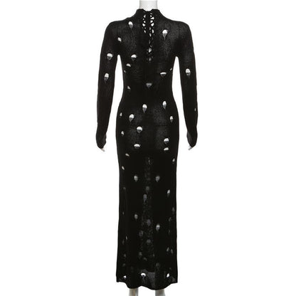 Mock Neck Distressed Hole Knit Long Sleeve Bodycon Maxi Dress