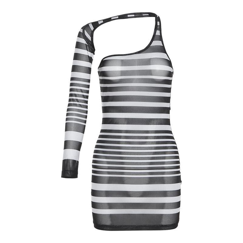 One-Shoulder Long Sleeve Choker Cutout Striped Sheer Mesh Bodycon Mini Dress