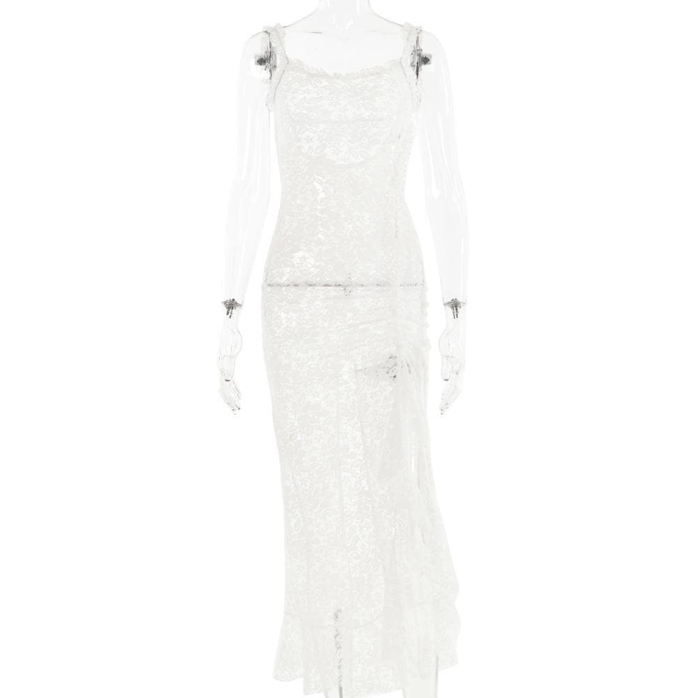 Square Neck Ruffle Trim Sheer Lace High Slit Ruffle Hem Maxi Dress