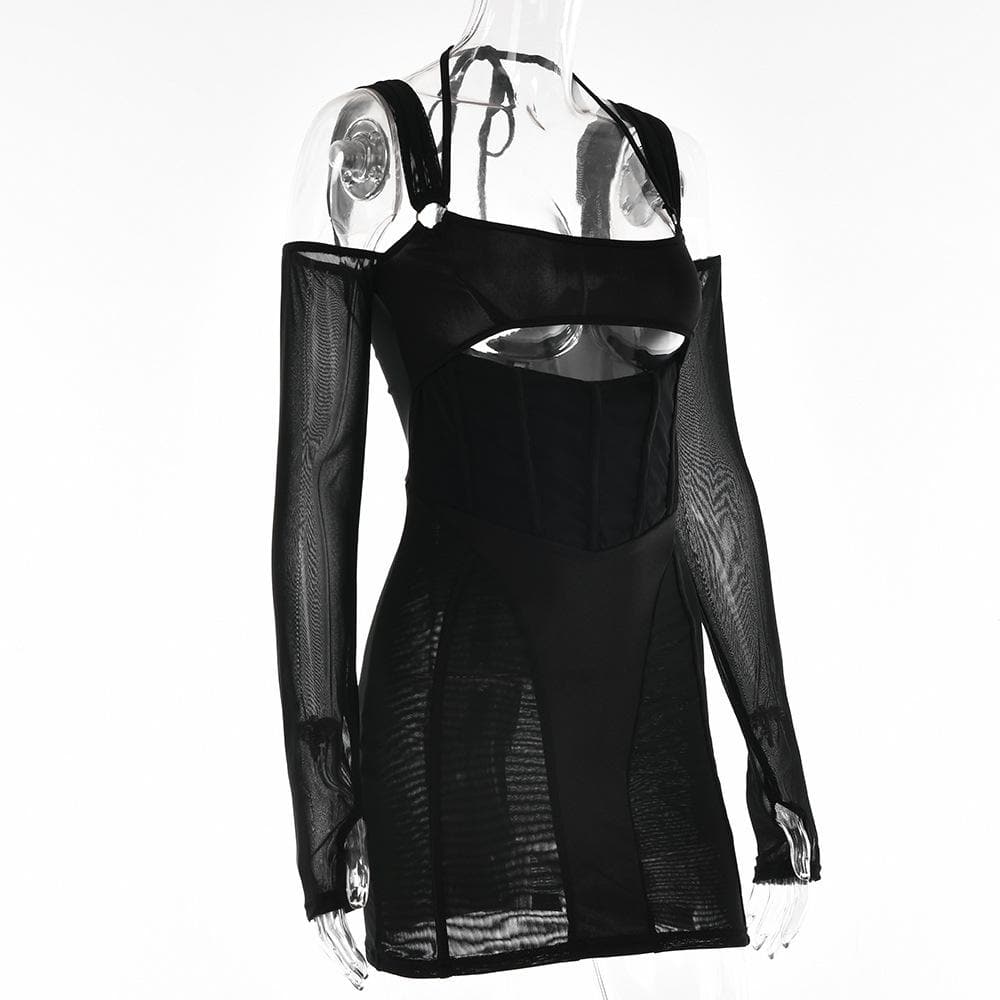 Mesh Corset Off-Shoulder Hollow Cutout Gauntlet Sleeve Halter Mini Dress