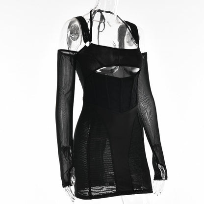 Mesh Corset Off-Shoulder Hollow Cutout Gauntlet Sleeve Halter Mini Dress