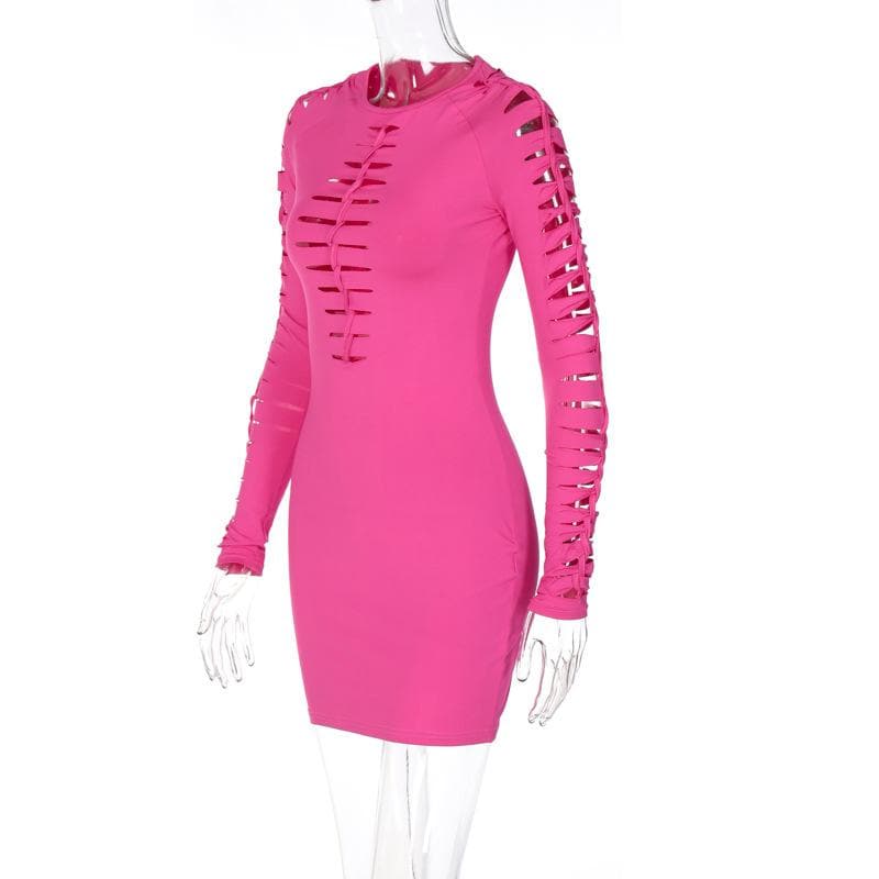 Crew Neck Ladder Hollow Out Long Sleeve Bodycon Mini Dress