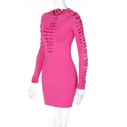 Crew Neck Ladder Hollow Out Long Sleeve Bodycon Mini Dress