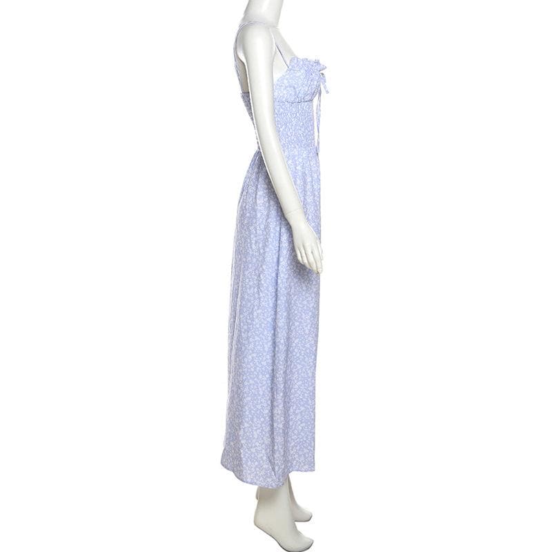Smocked Tie Front Ditsy Floral Print Spaghetti Strap Maxi Dress