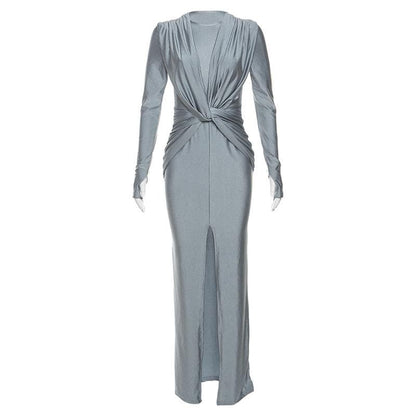 Deep V Twist Front Long Sleeve Ruched Metallic Side Slit Maxi Dress