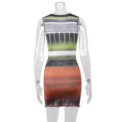 Contrast Print O-Ring Cutout Ruffle Round Neck Sleeveless Mini Dress