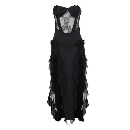 Strapless Corset Lace Floral Hip Ruffle Cascade Maxi Dress