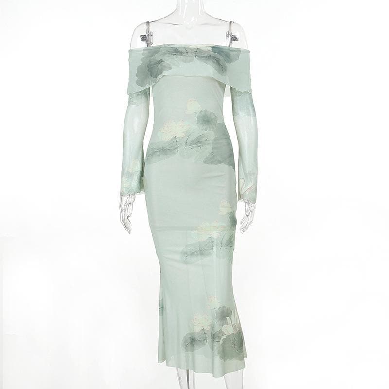 Off Shoulder Long Sleeve Lotus Print Bell Cuff Mermaid Maxi Dress