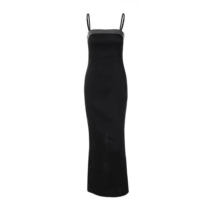 Beaded Square Neck Spaghetti Strap Column Maxi Dress