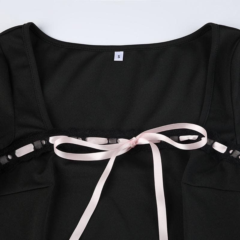 Square Neck Lace Trim Ribbon Bow Pleated Skirt Long Sleeve Mini Dress