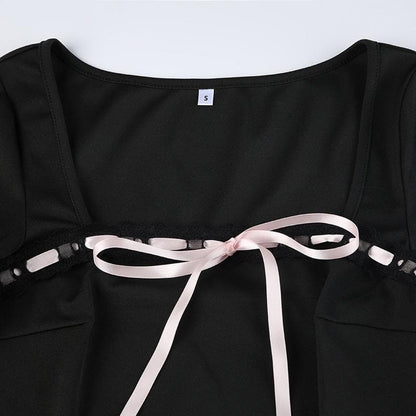 Square Neck Lace Trim Ribbon Bow Pleated Skirt Long Sleeve Mini Dress